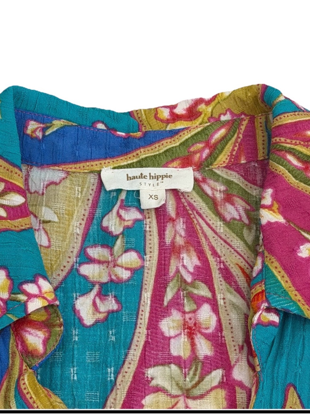 Haute Hippie Turquoise Floral Surplice Blouse with Pink Accents - Picture 3 of 8
